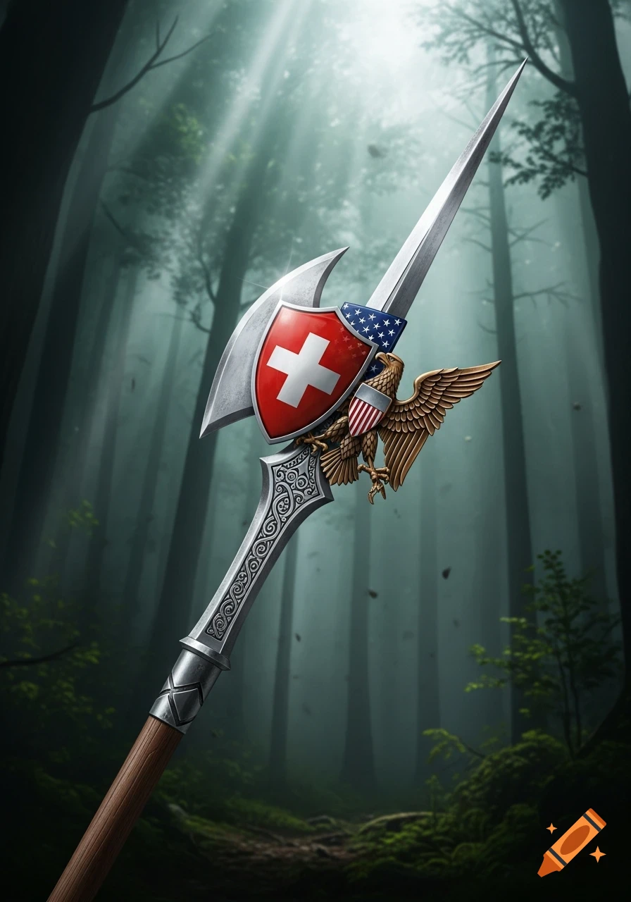 Detailed halberd with a red shield featuring a white Swiss cross, a blue band with US stars, and a golden eagle emblem, set in a mystical forest.