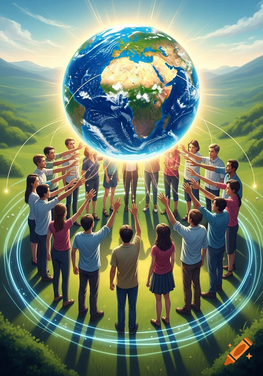 Diverse group of people reaching towards a glowing Earth in a lush green landscape, symbolizing global unity and responsibility.