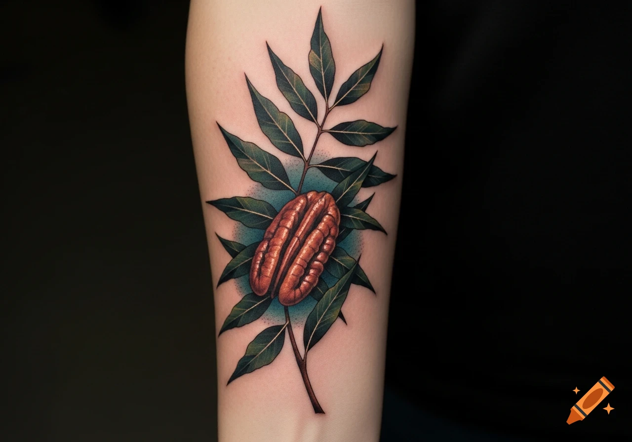 Realistic tattoo of a pecan nut and green leaves on an arm.