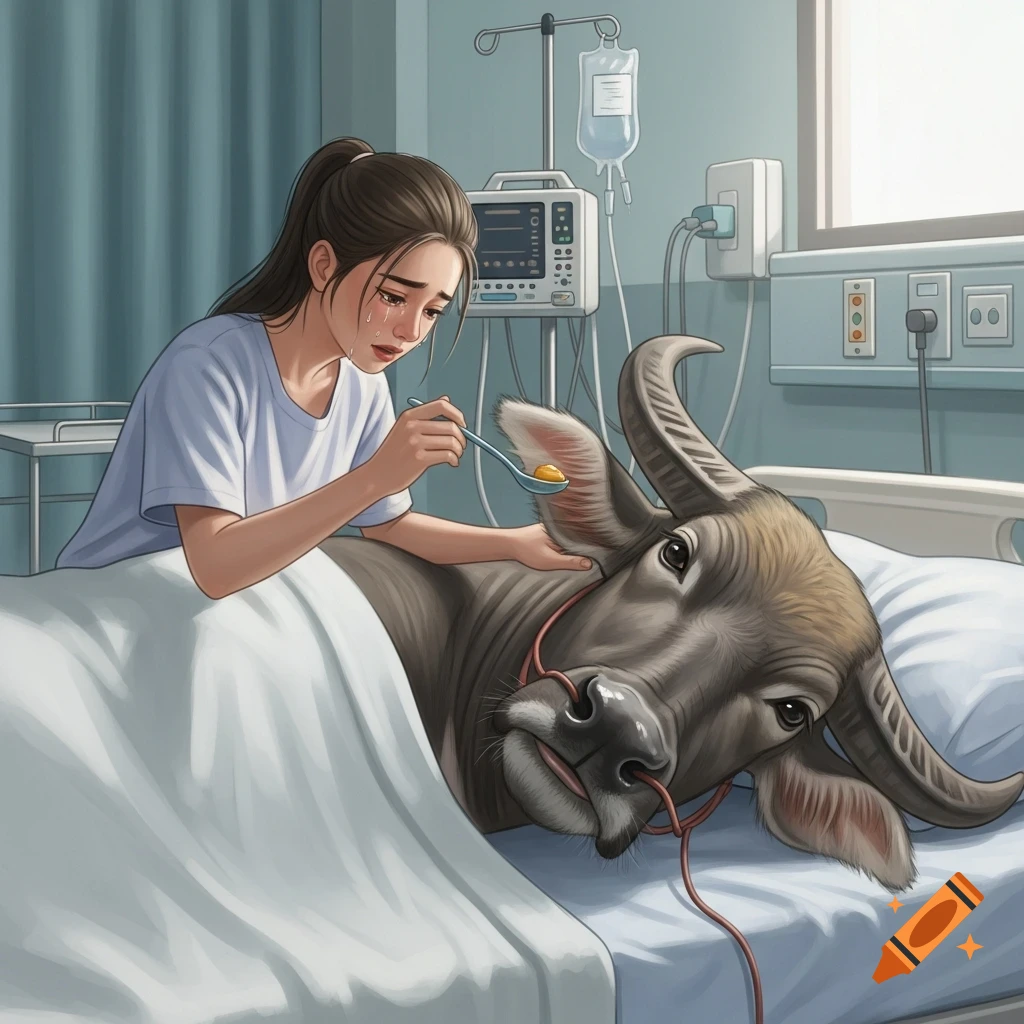 An illustration of a crying young woman spoon-feeding a bedridden water buffalo in a hospital ward.