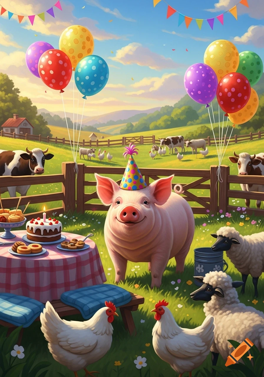 Happy cartoon pig in a party hat celebrating a birthday on a farm with balloons, cake, cows, sheep, and chickens.