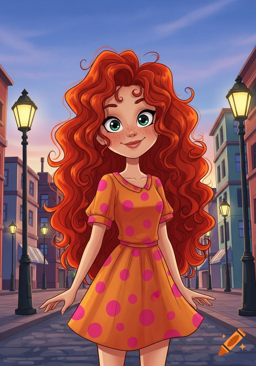 A smiling cartoon girl with long, curly red hair and freckles wears an orange polka dot dress, standing on a city street with streetlights and buildings.