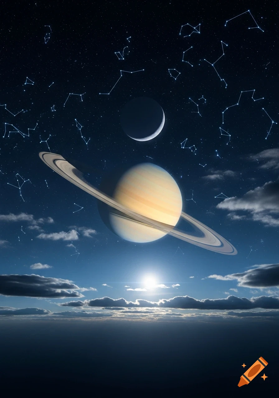 Saturn and its rings float above an Earth-like horizon with clouds, a bright sun, a crescent moon, and constellations in the starry night sky.