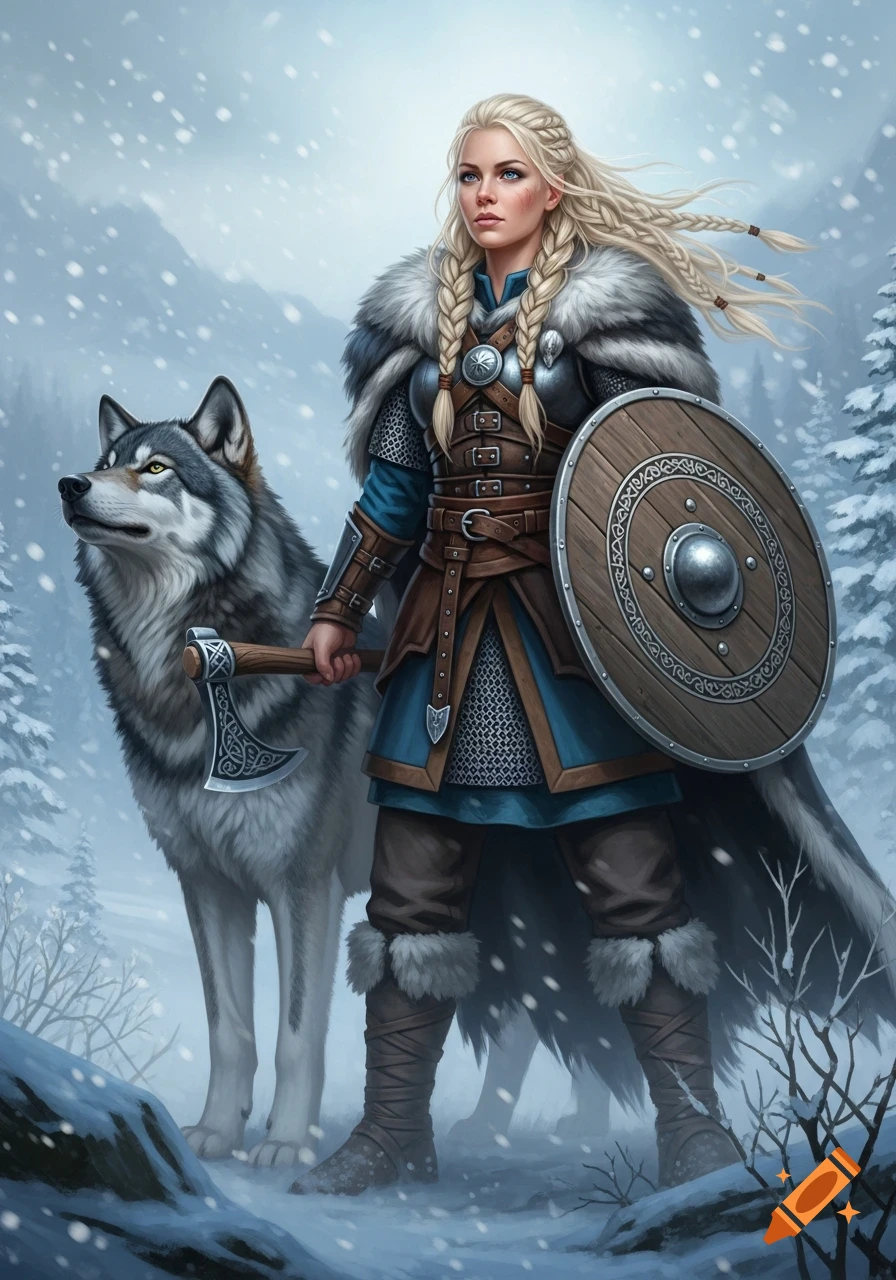 A blonde shield maiden with a braided hairstyle, clad in fur-lined armor, stands confidently with a gray wolf in a snowy winter landscape.