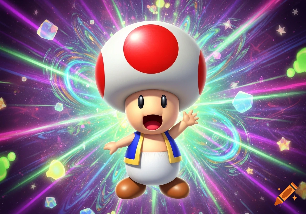 Toad from Nintendo's Mario series, smiling with his mouth open, against a vibrant psychedelic background of colorful light streaks.