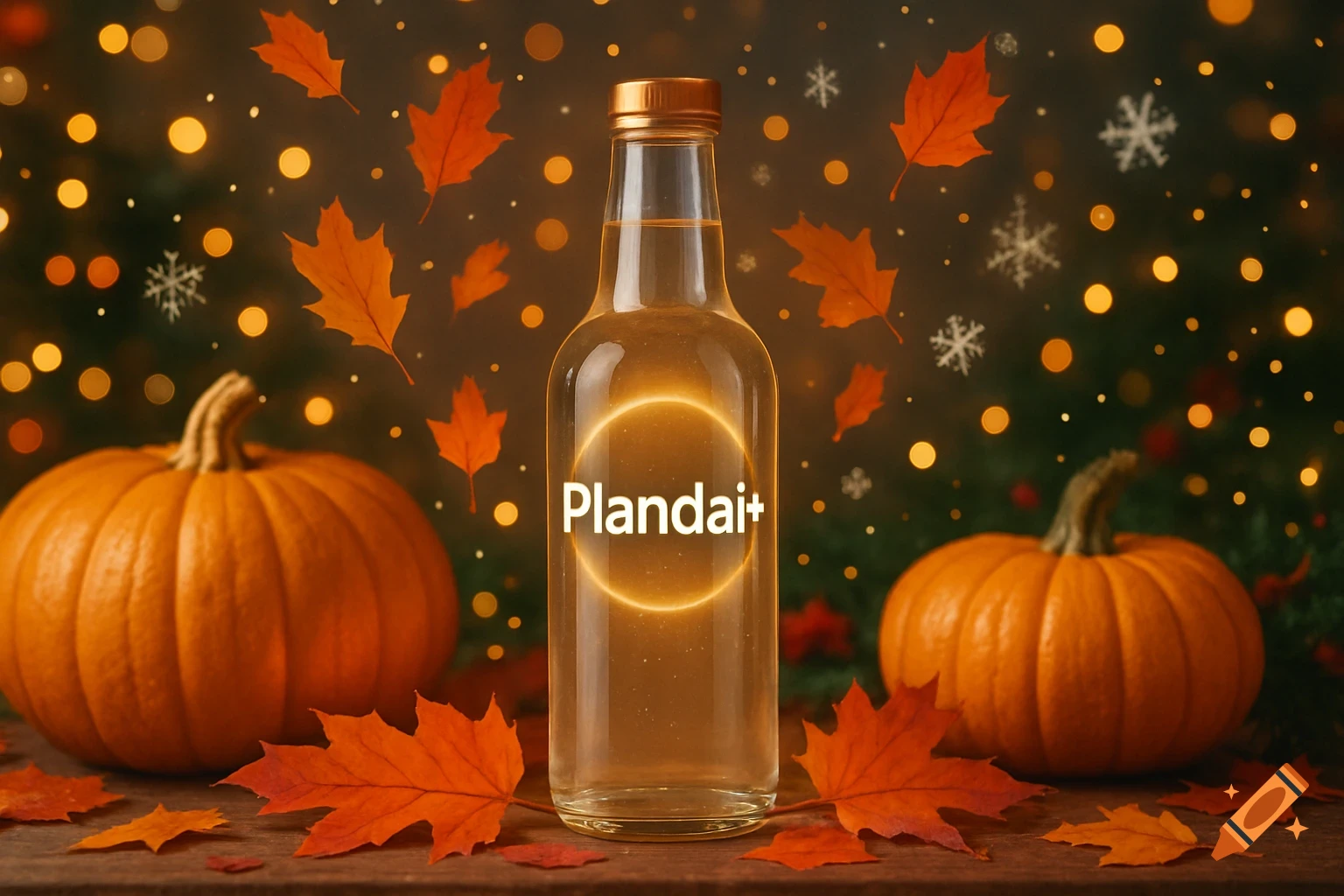 A bottle labeled Plandai+ surrounded by pumpkins and autumn leaves, with bokeh lights in the background.