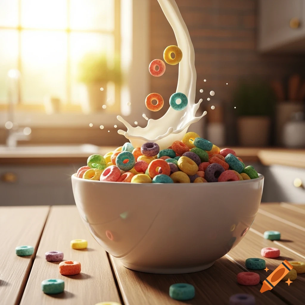 Photorealistic image of colorful hoop cereal in a white bowl with milk splashing, on a wooden table in a sunlit kitchen.