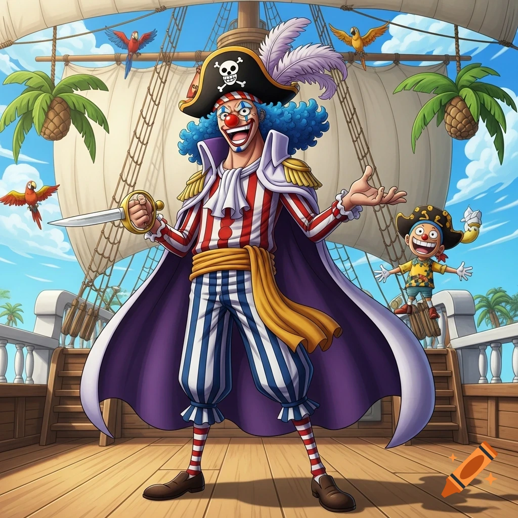Anime illustration of Buggy the Clown on a pirate ship deck, holding a dagger, with a smaller character and flying parrots.