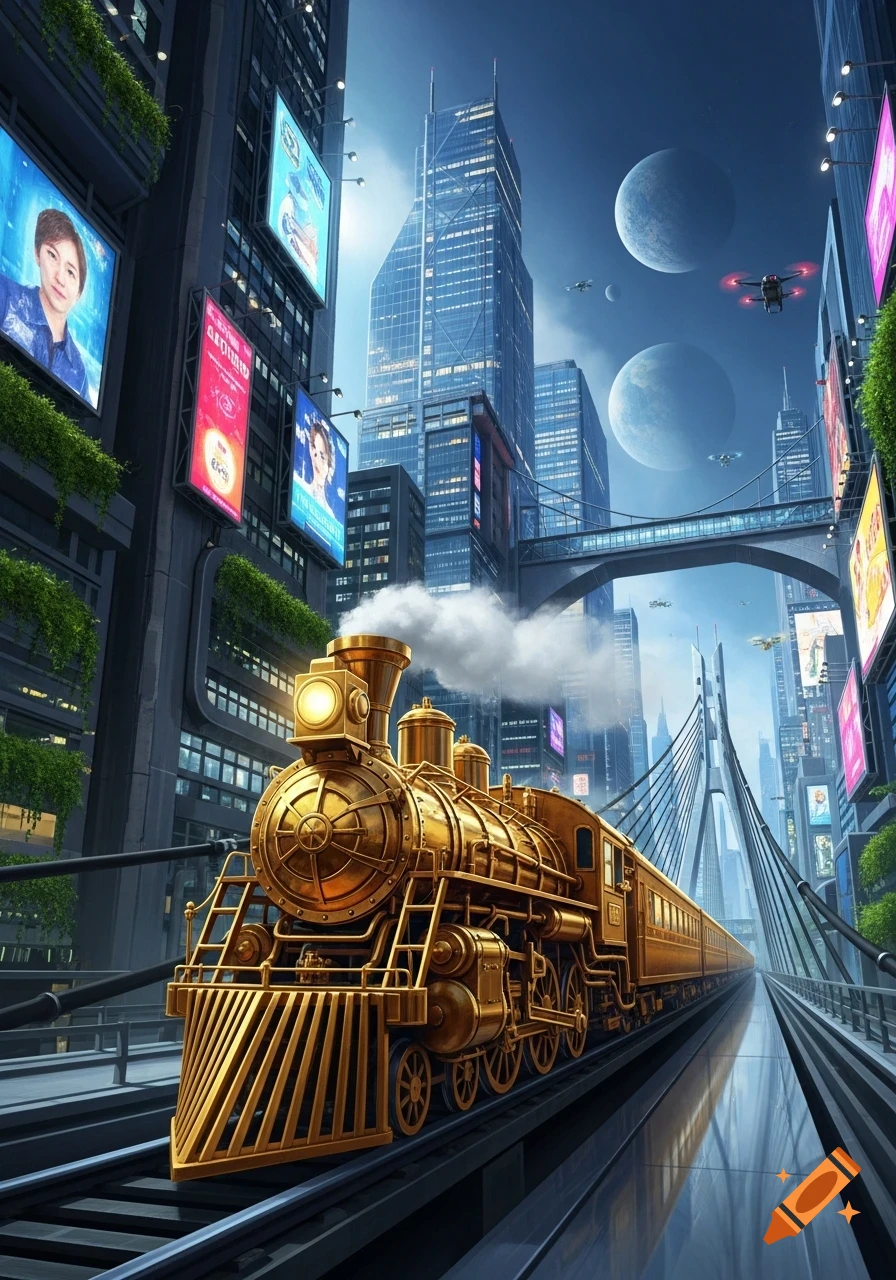A golden steampunk train moves through a futuristic cityscape with tall ...