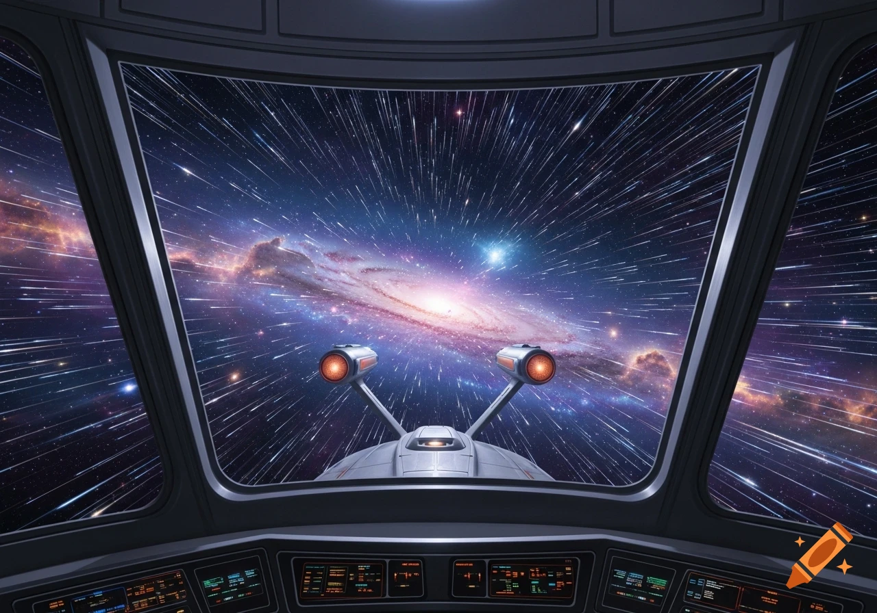 View from a spaceship cockpit speeding through space past a colorful spiral galaxy, with the ship's nacelles visible.