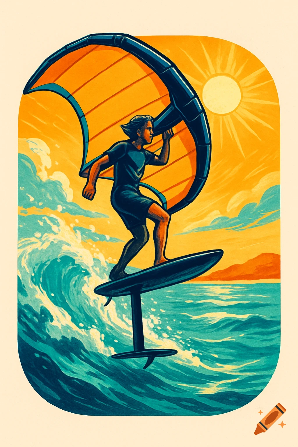 A graphic illustration of a person wingfoiling on a hydrofoil board across vibrant turquoise waves under an orange sky.