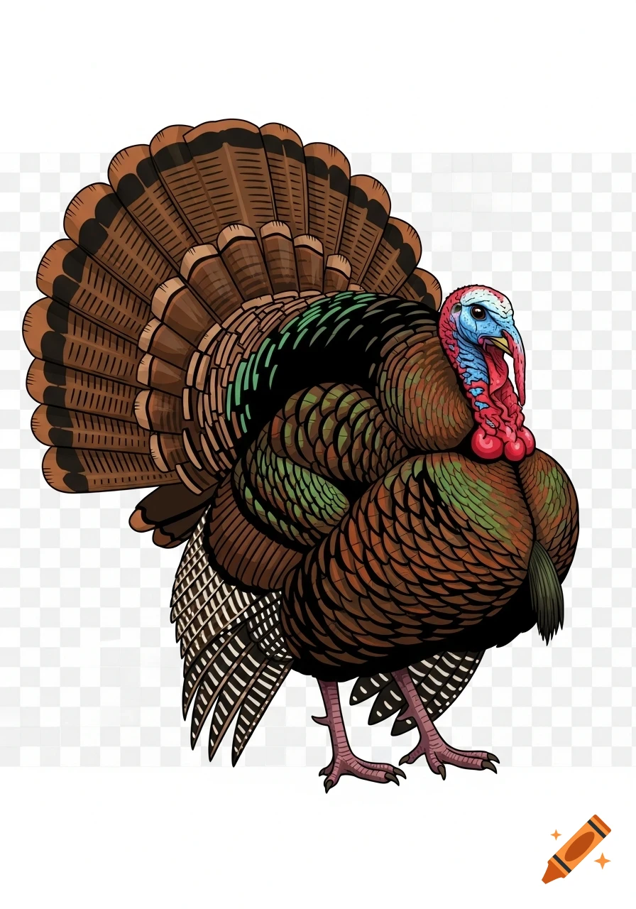 A detailed cartoon illustration of a male turkey with vibrant brown, green, blue, and red feathers, standing on a transparent background.