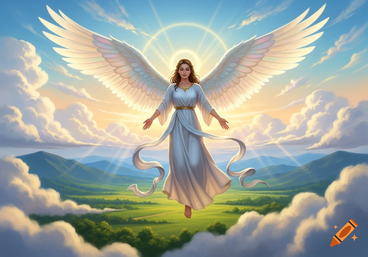 A majestic angel with large white wings and long brown hair floats above a vibrant green valley amidst soft white clouds and a glowing sky.