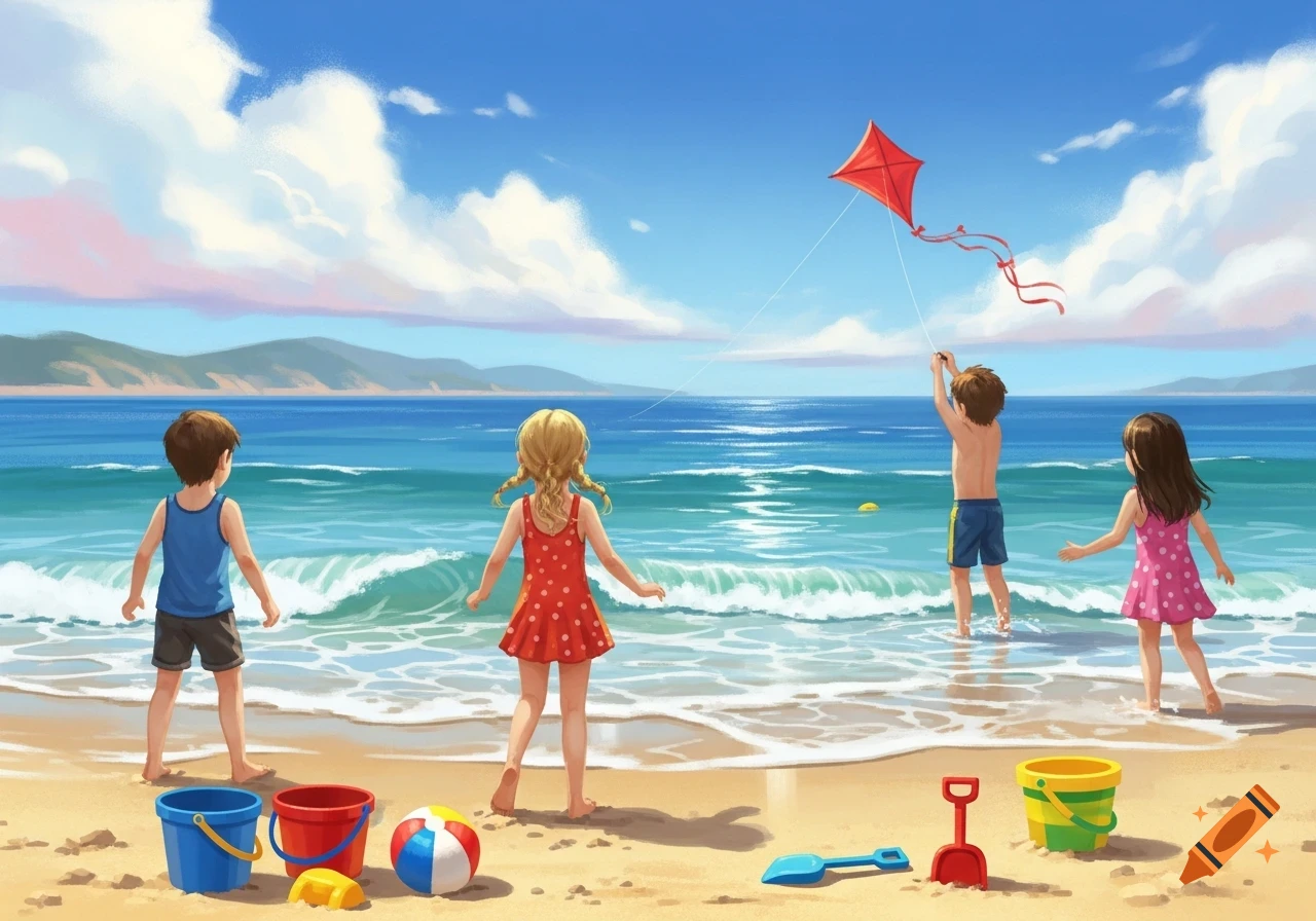 Illustration of children playing on a sunny beach, one flying a red kite over the ocean, with sand toys nearby.