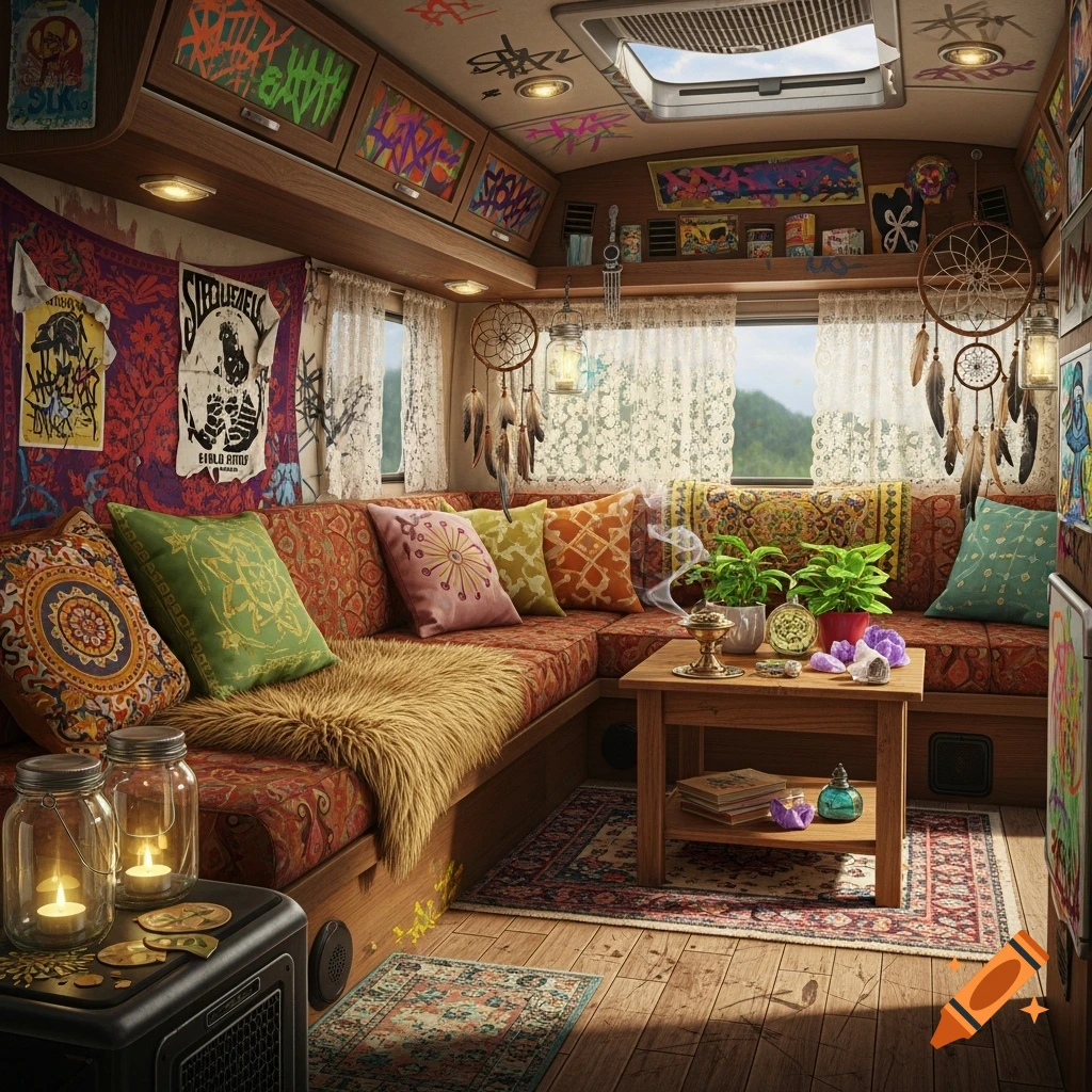 Vibrant bohemian and grunge style camper van interior with colorful pillows, tapestries, dreamcatchers, plants, and various eclectic decorations.