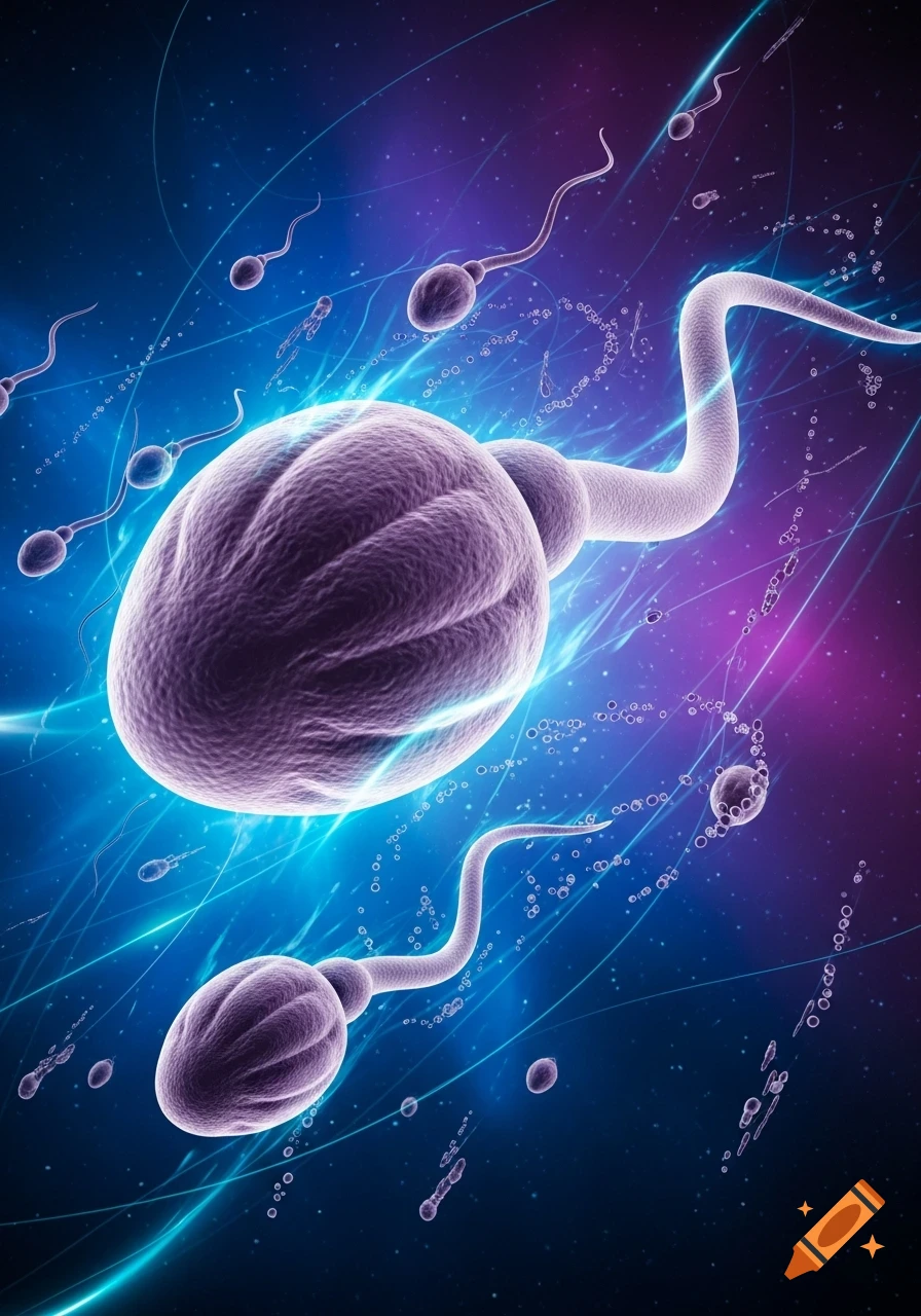 A vibrant, stylized microscopic view of large, muscular sperm cells against a blue and purple background.