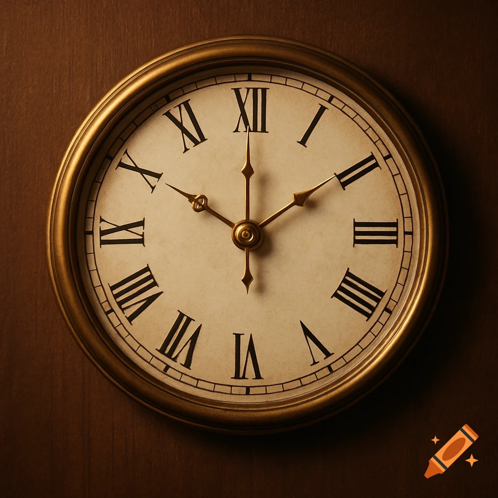 A close-up of an antique gold-framed clock with Roman numerals on a dark wooden background, its hands set to 2 o'clock.