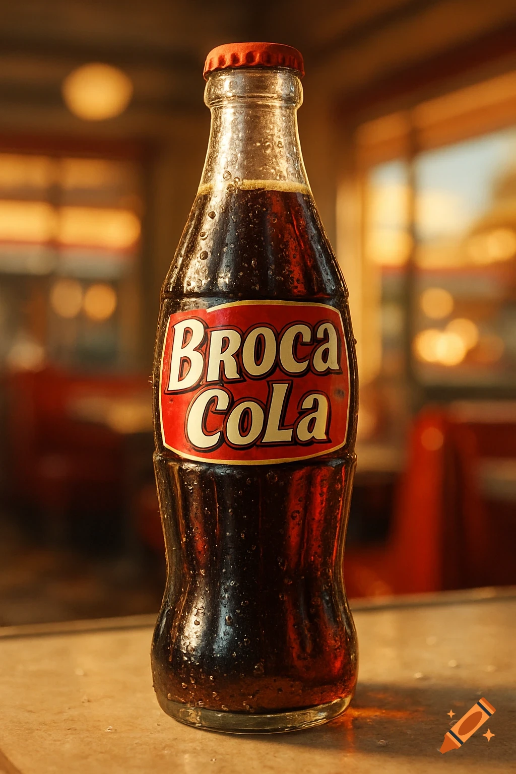 Photorealistic close-up of a condensation-covered glass bottle of "Broca Cola" with a red label and cap.