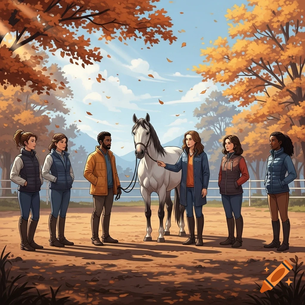 Six people, diverse in appearance, stand with a white horse in an autumn field with falling leaves, illustrated in a clear cartoon style.
