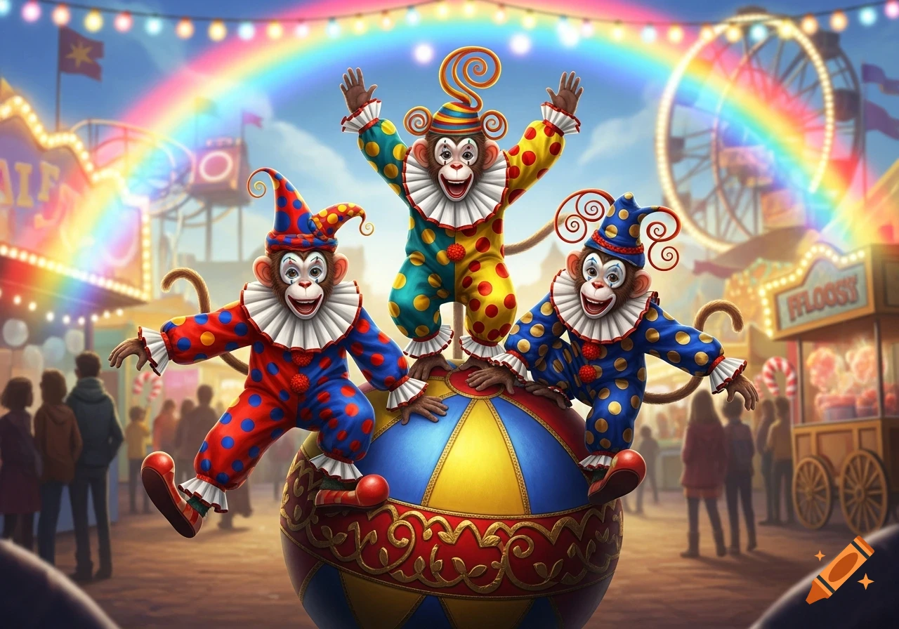 Three whimsical cartoon monkeys in colorful clown costumes balance on a large ball at a vibrant fairground under a rainbow.