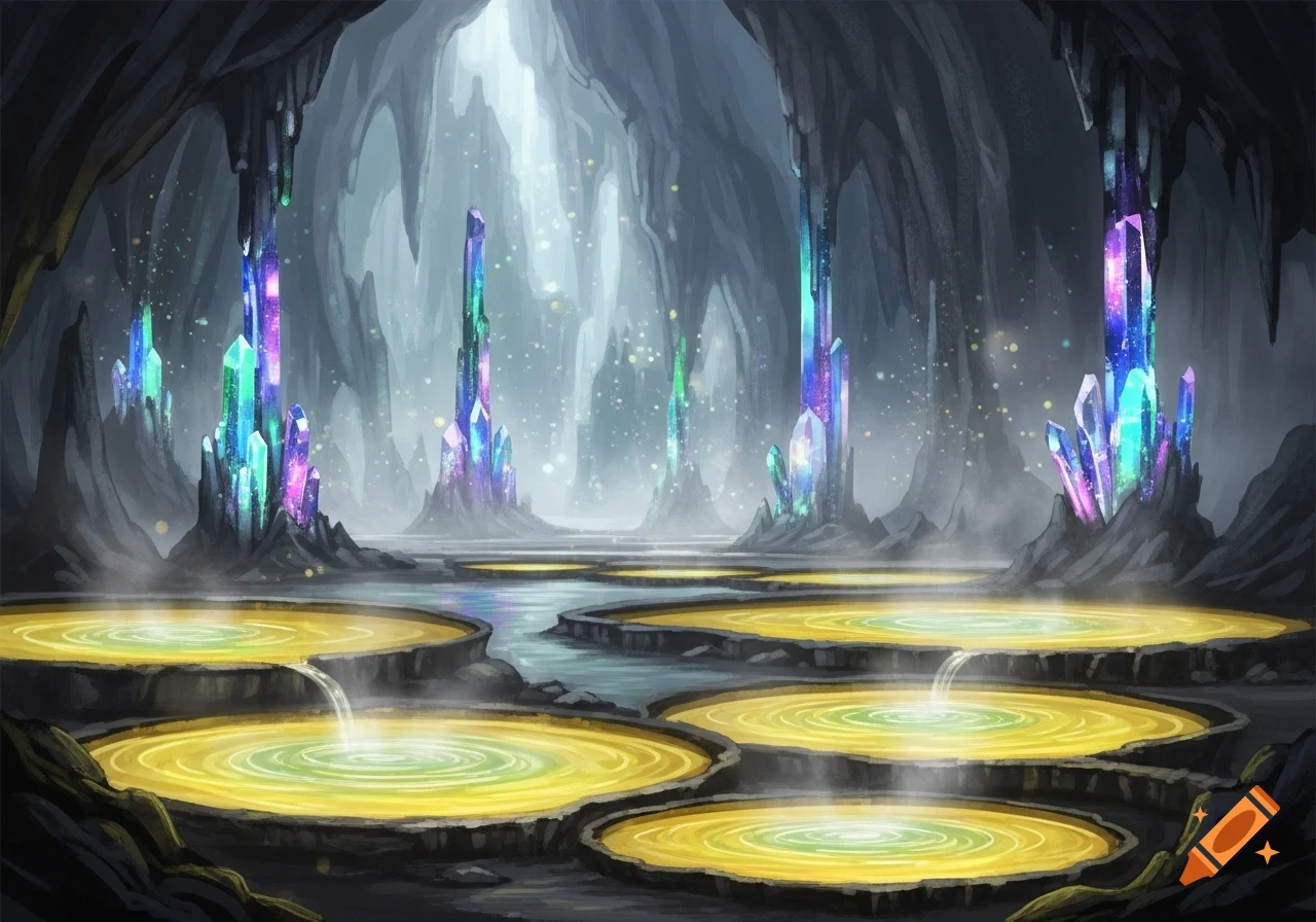 A magical fantasy cave with tall, glowing colorful crystals, steamy yellow hot springs, and a river flowing through it.