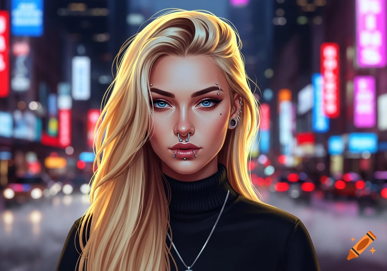 A stylized portrait of a blonde woman with blue eyes and numerous facial piercings, set against a blurry neon city at night.