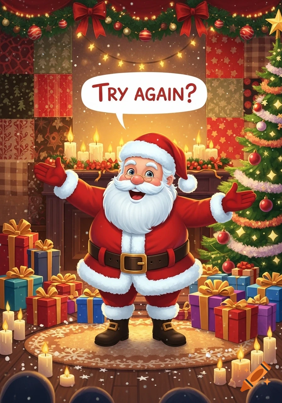 Cartoon Santa Claus in a festive room with a Christmas tree and gifts, saying 'Try AGAIN?' in a speech bubble.