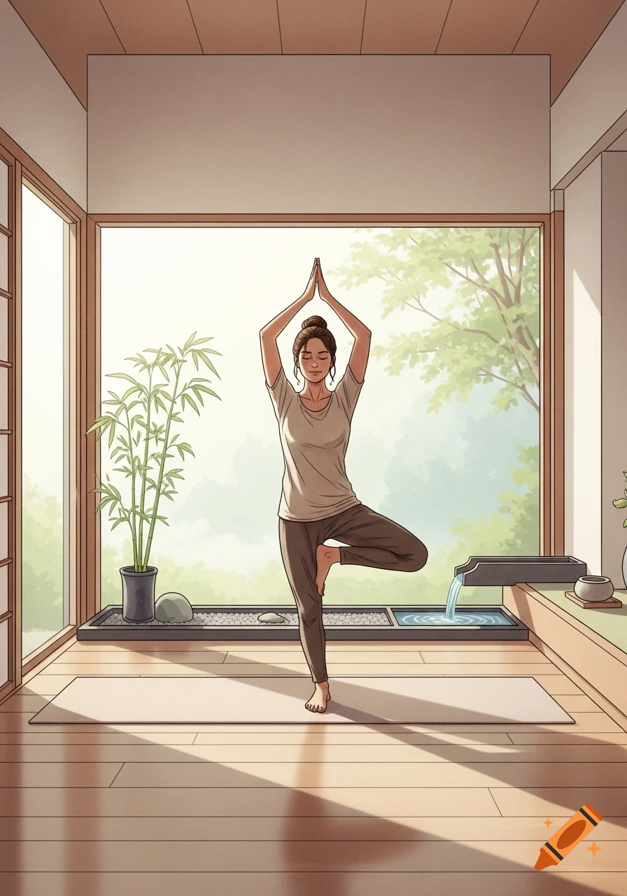 An illustrated woman in a yoga tree pose in a sunlit room with bamboo plants and a garden view.