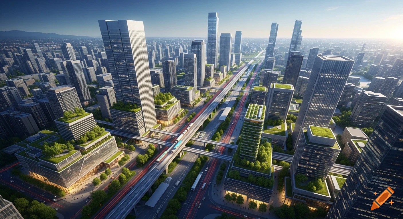 Aerial view of a modern, green city with tall skyscrapers, multi-level highways, and trains under a sunny sky.