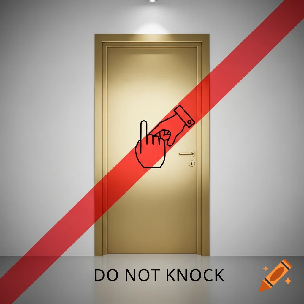 A golden door with a red diagonal line over a black outline icon of a hand knocking, with 'DO NOT KNOCK' text below.