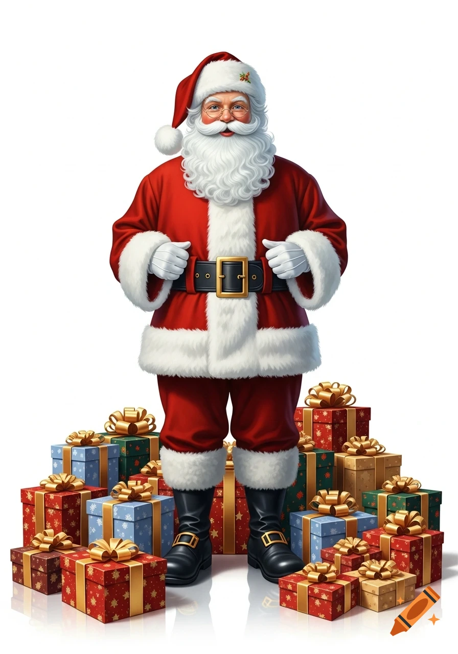 Santa Claus in his traditional red suit, standing among a pile of wrapped Christmas gifts on a white background.