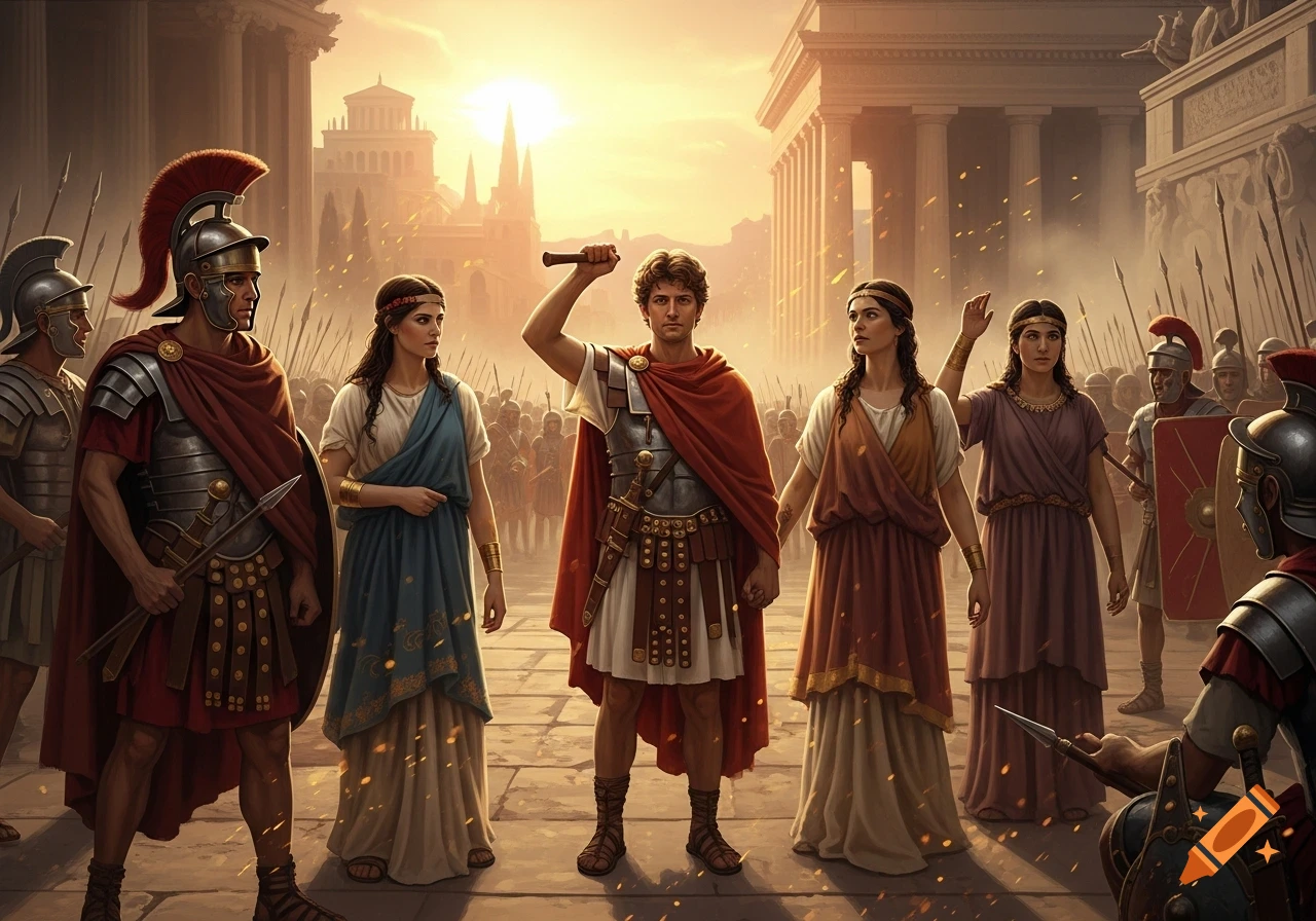 A historical painting depicting ancient Roman soldiers and women standing in a city square at sunset, with classical architecture in the background.