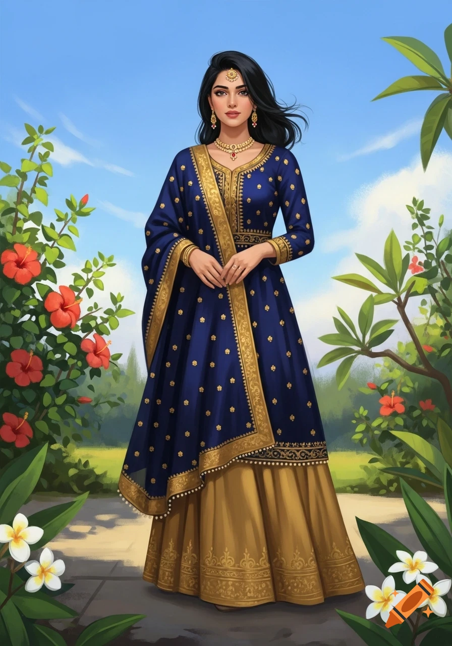 A woman wearing a navy blue and gold traditional Indian dress stands in a vibrant garden with red and white flowers under a blue sky.