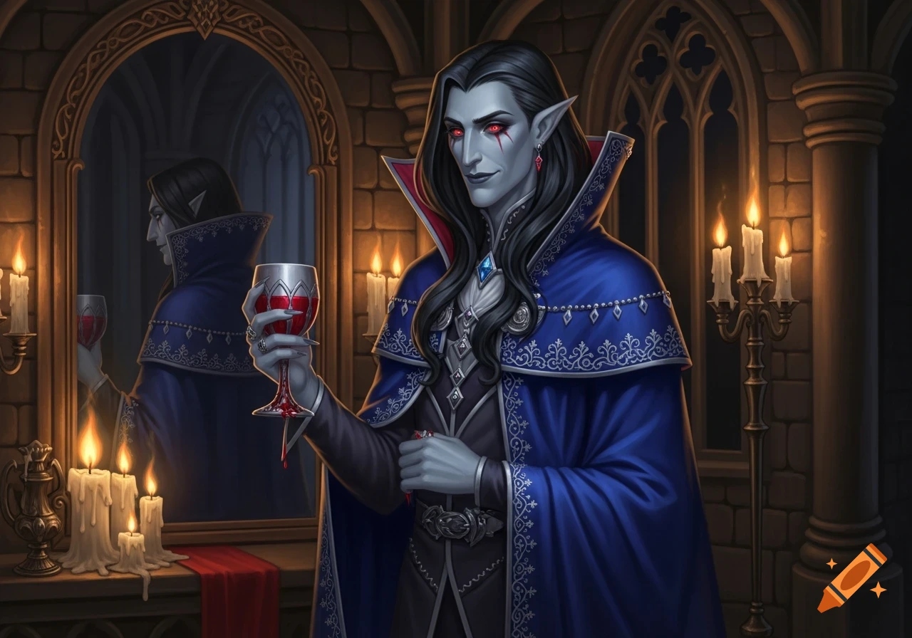 A Drow noble vampire with red eyes, long dark hair, wearing a blue cloak, holding a goblet of blood in a candlelit gothic castle.