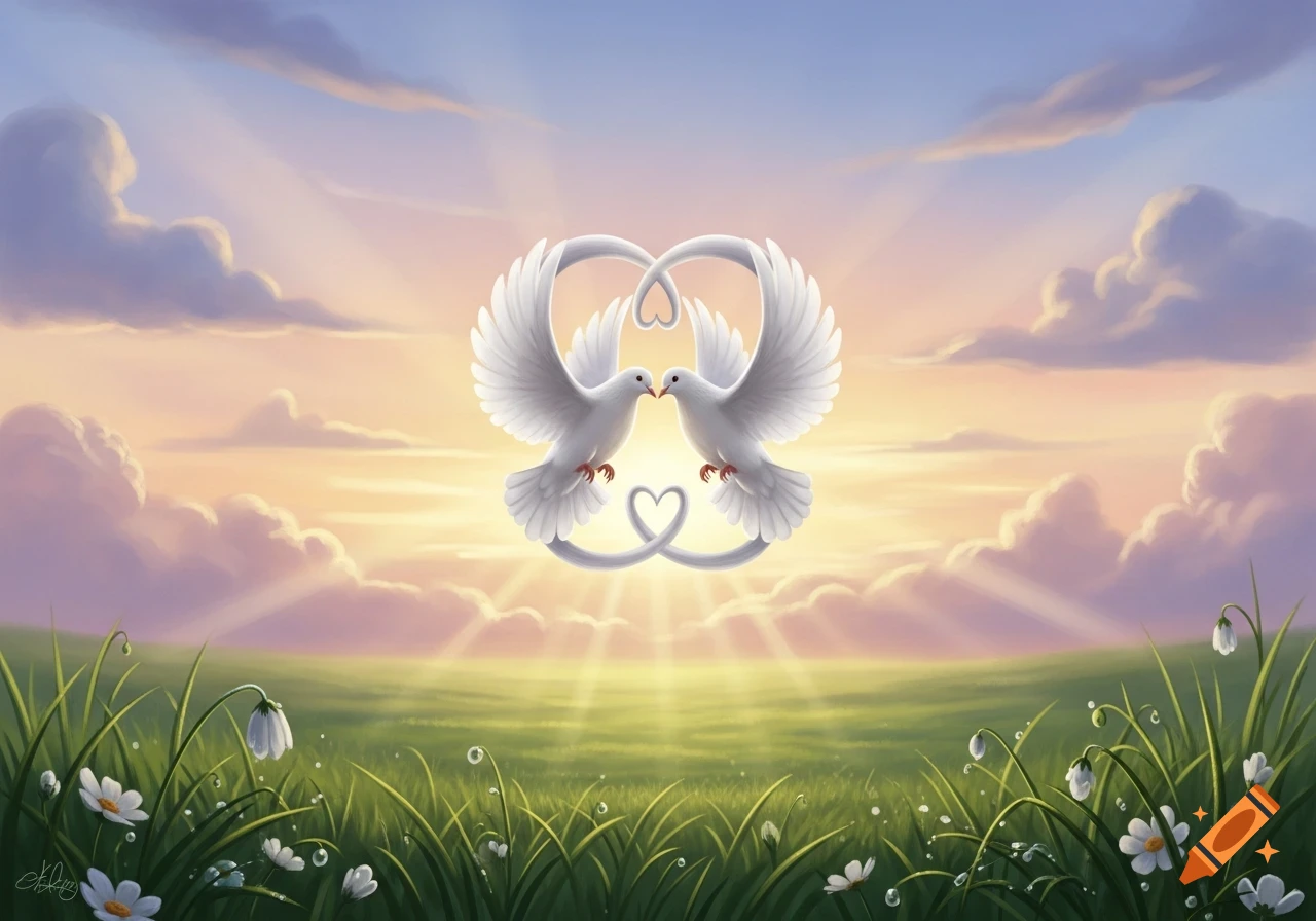 Two white doves with wings spread form intertwined heart shapes, hovering over a sunlit green field with daisies under a pastel sky.