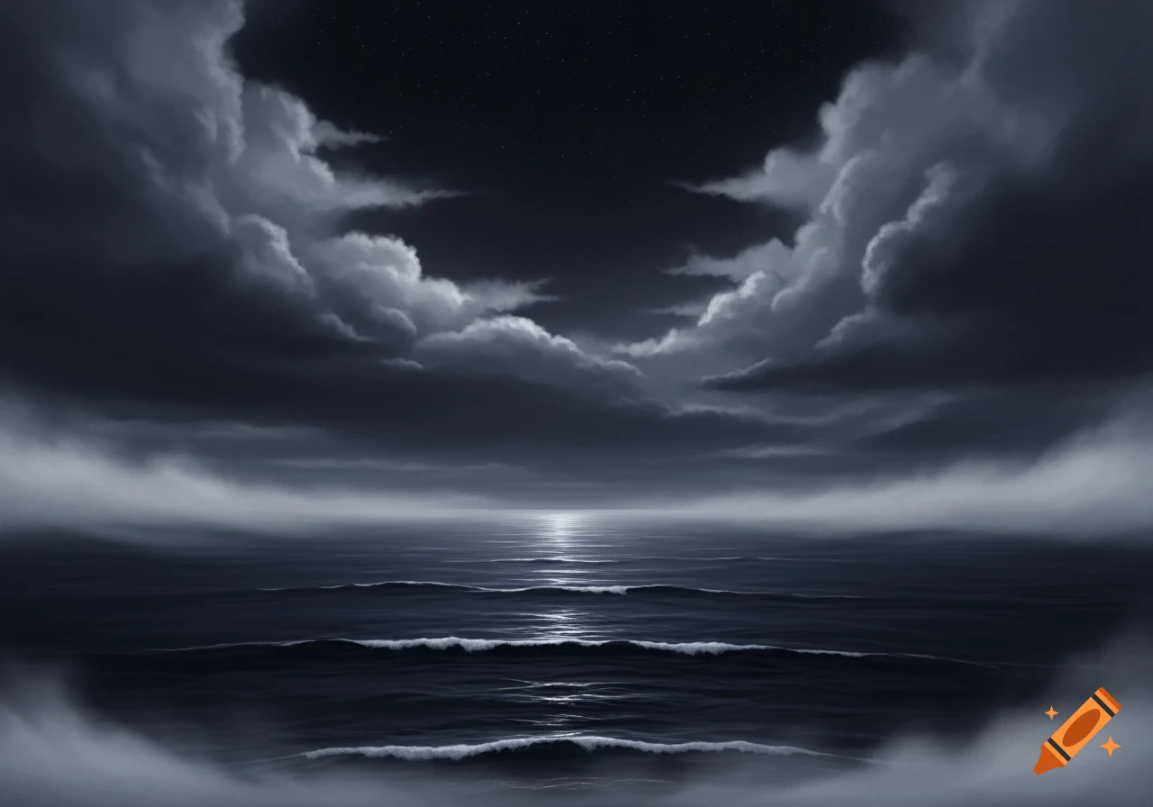 Dark, stormy night over an ocean with heavy clouds, a path of moonlight on the water, and fog rolling in.
