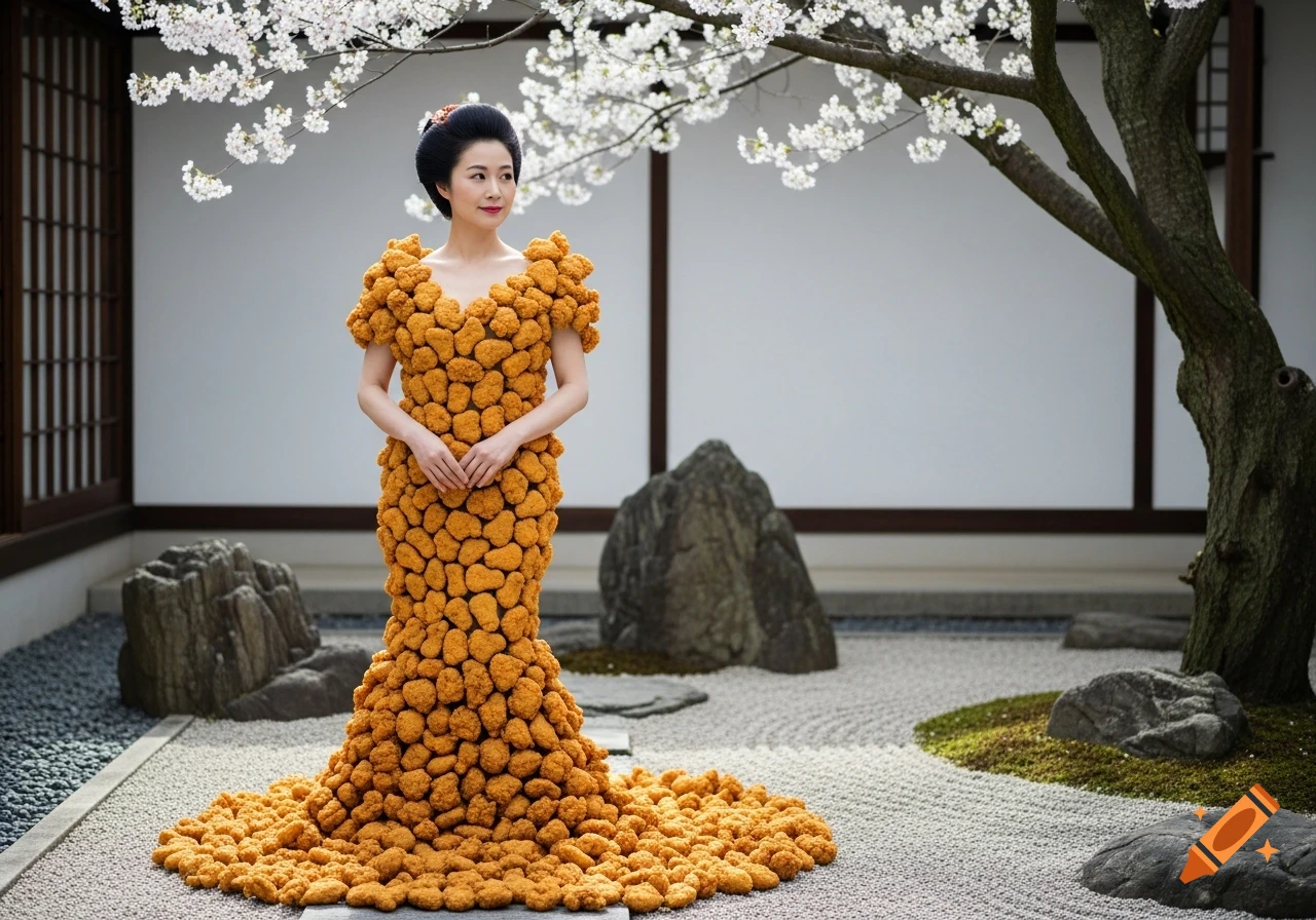 A Japanese woman in a long dress made of fried chicken stands in a peaceful Japanese garden under a cherry blossom tree.