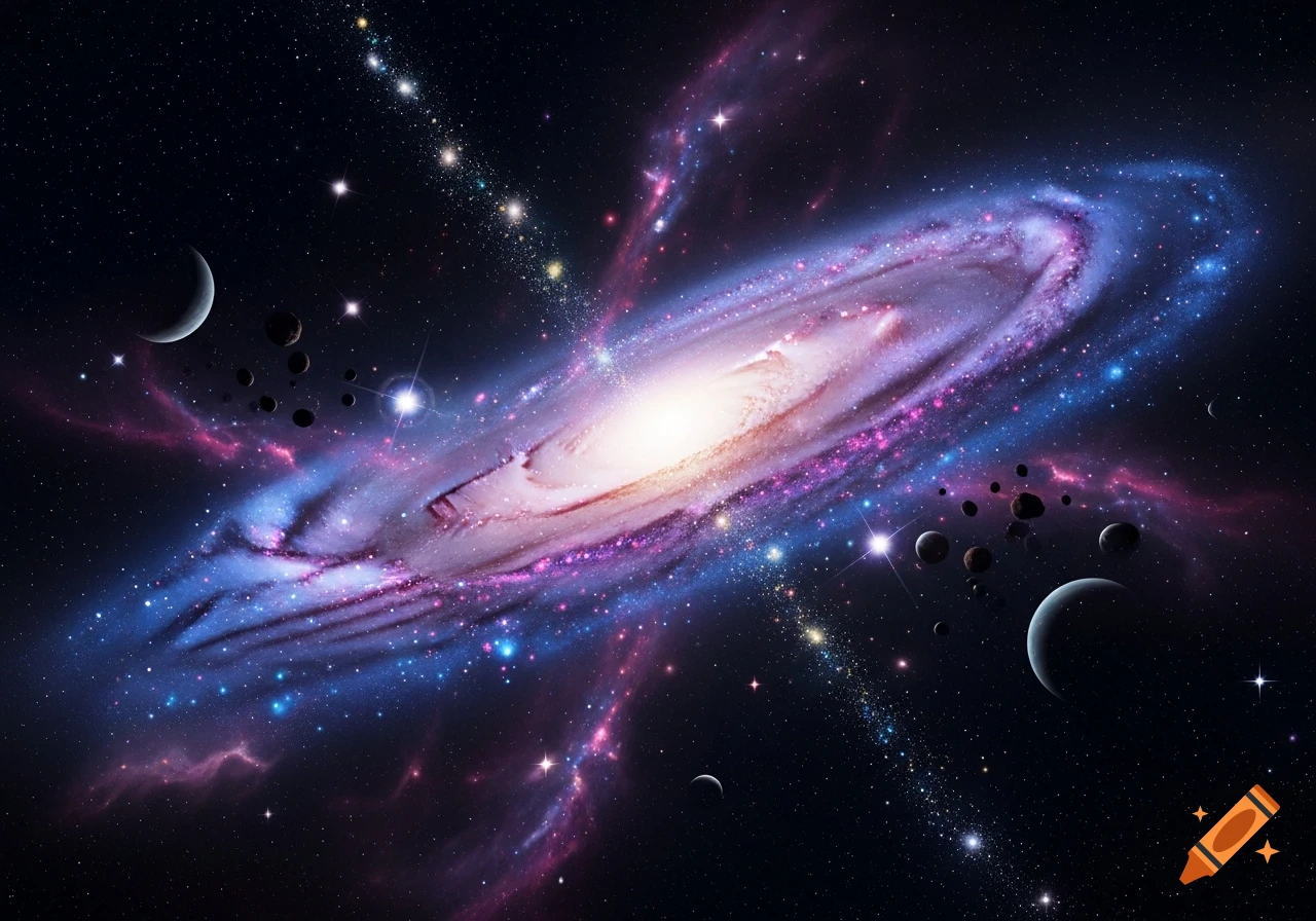 A vibrant spiral galaxy with blue and pink nebulae, surrounded by stars, planets, and moons in deep space.