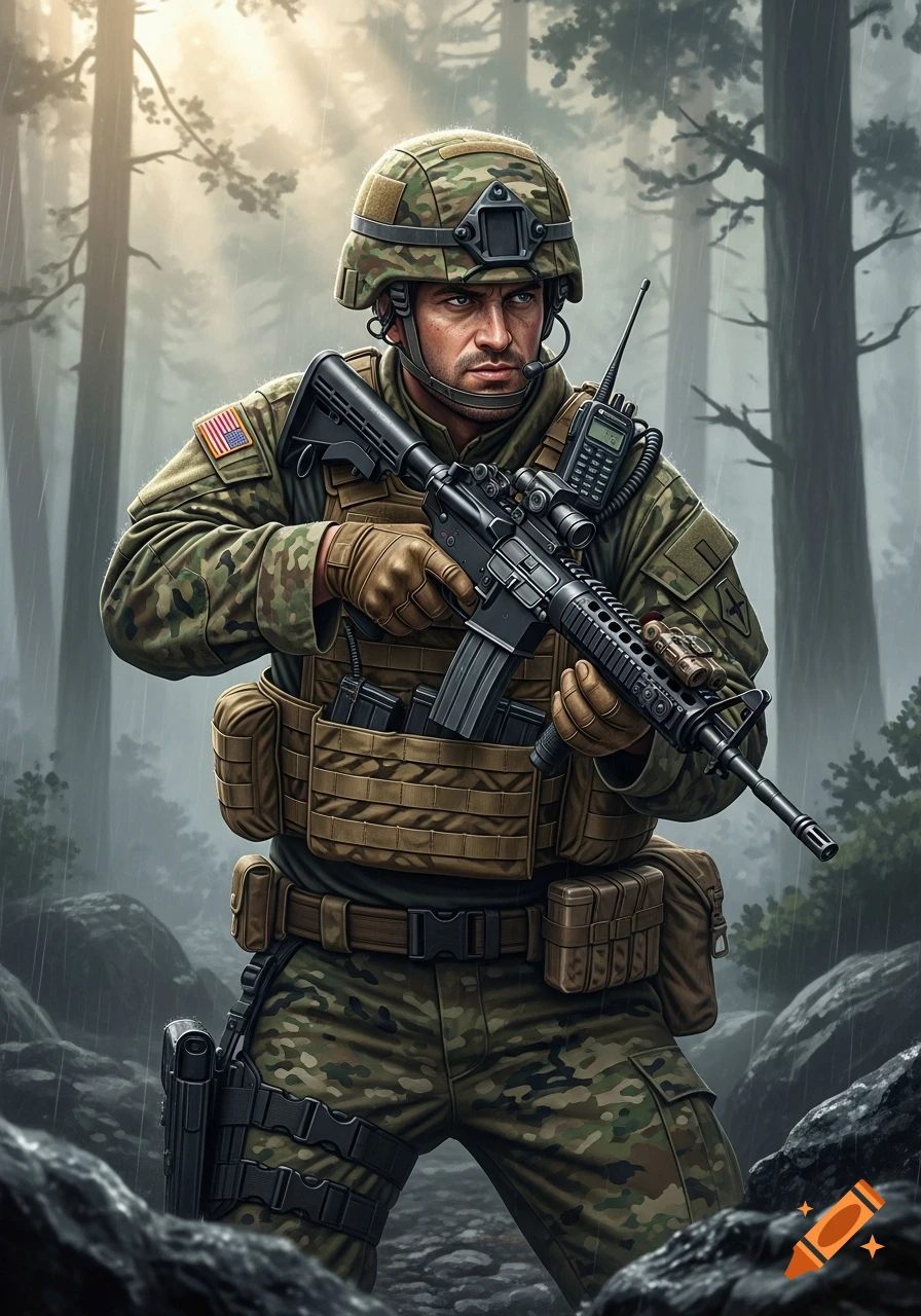 A photorealistic depiction of a soldier in a camouflage uniform, helmet, and protective vest, holding a rifle in a misty forest.