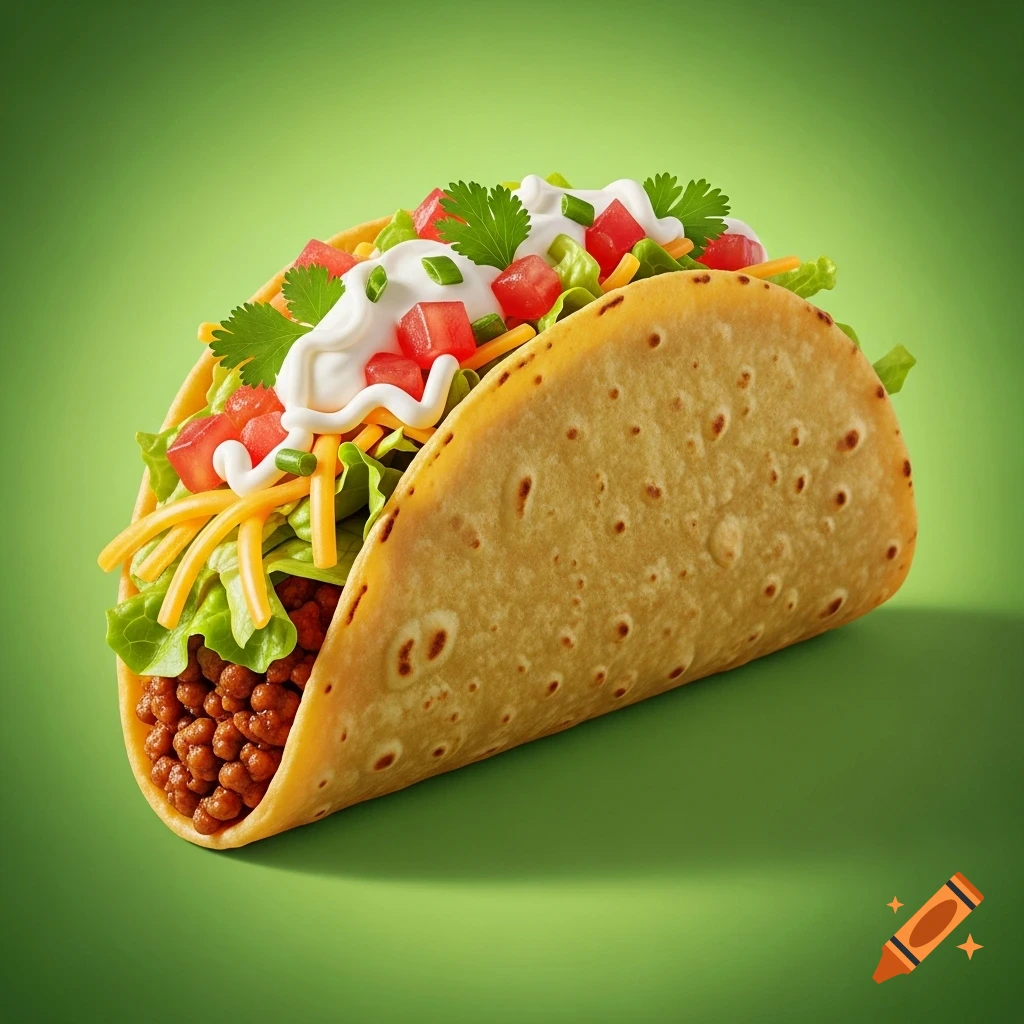 A close-up, photorealistic soft-shell taco filled with meat, lettuce, cheese, tomato, sour cream, and cilantro, on a green background.