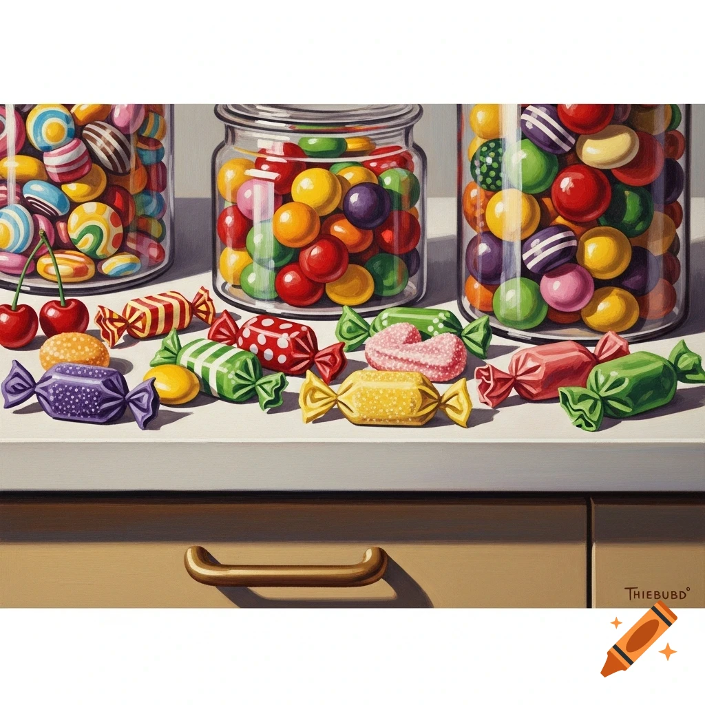 A vibrant still life in Wayne Thiebaud's style, showing colorful candies in glass jars and scattered on a white counter above a wooden drawer.