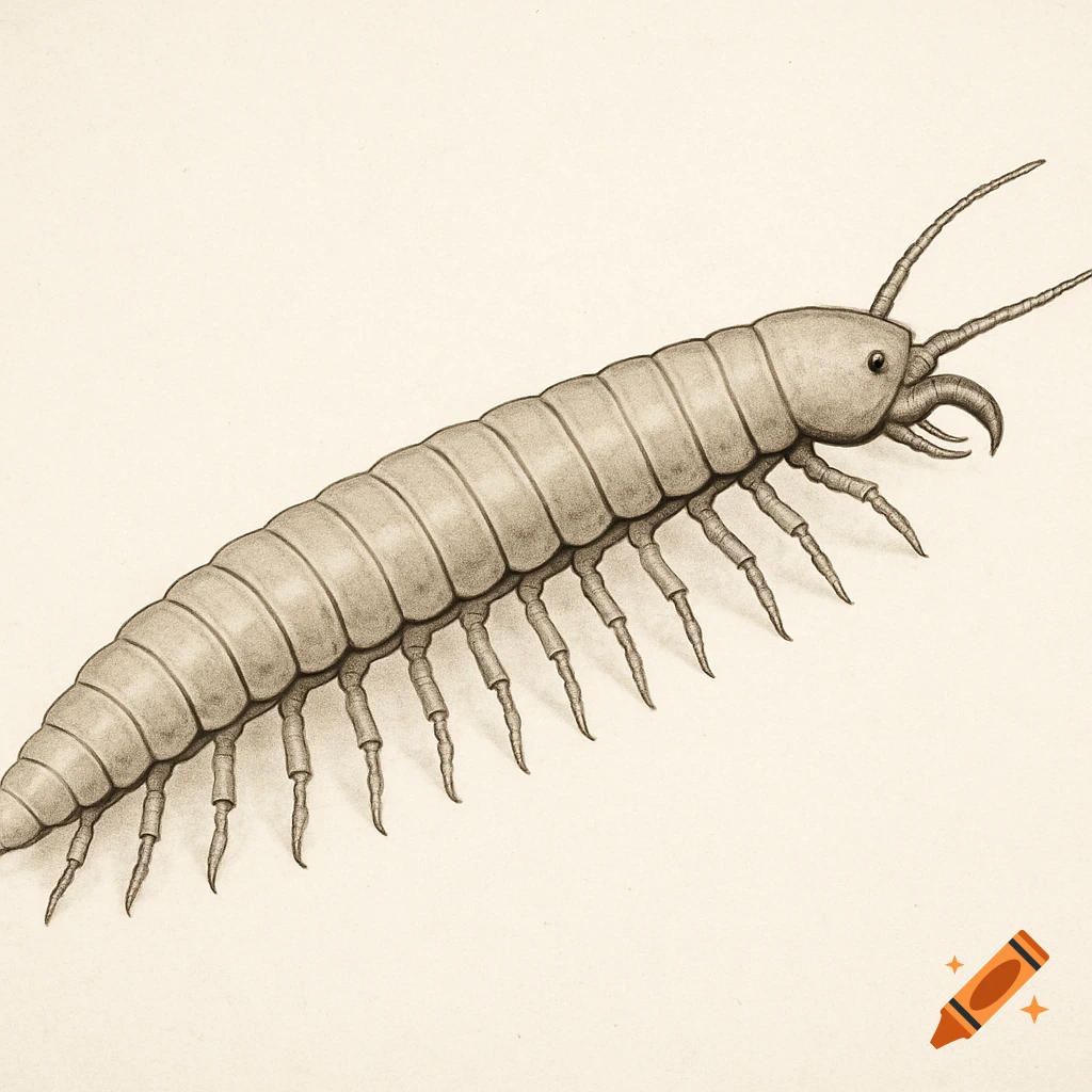 A detailed scientific illustration of a basal myriapod ancestor with an elongated segmented body and multiple legs.