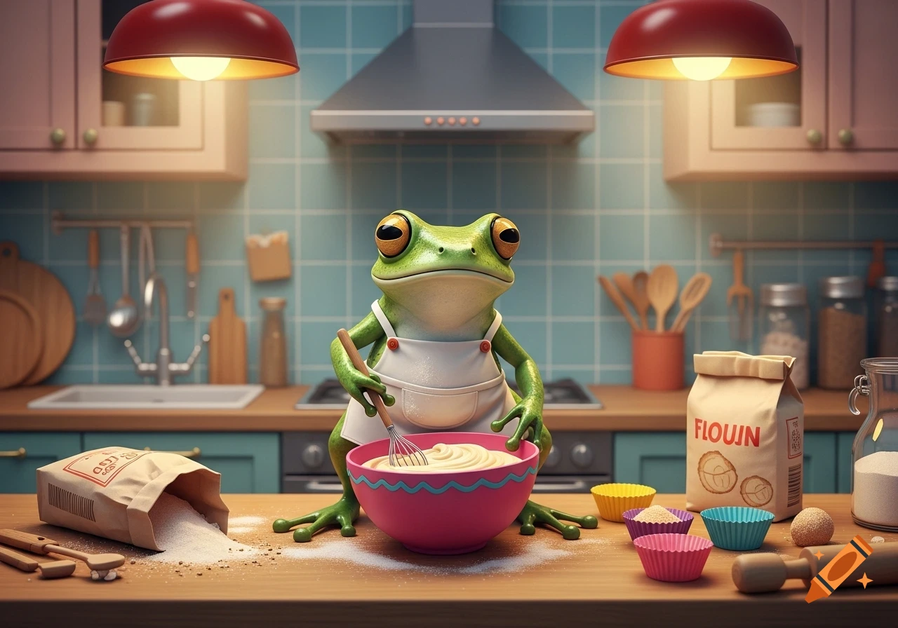 A cartoon frog in a white apron mixes batter in a pink bowl on a kitchen counter, surrounded by baking ingredients.