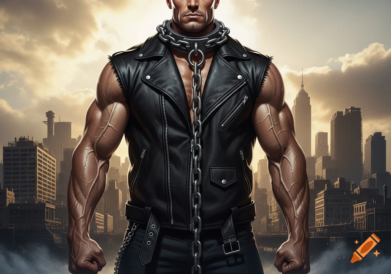 Muscular man in a black leather vest and chain collar standing against a city skyline.