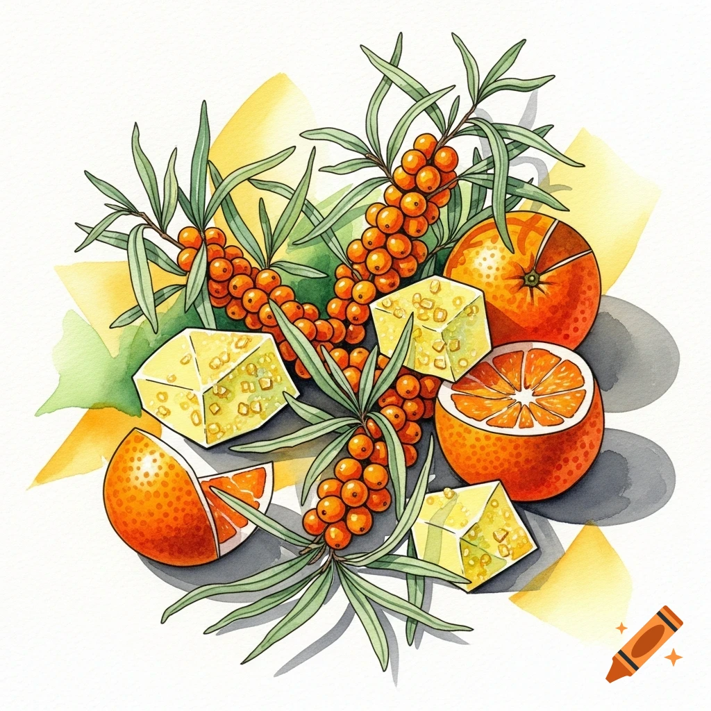 Abstract watercolor and ink illustration of oranges, sea buckthorn branches with berries, and yellow geometric cubes.