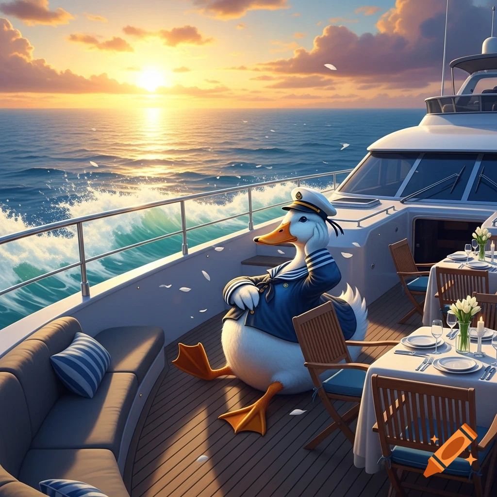 A cartoon duck in a sailor suit lounges on a yacht deck, watching the sunset over a calm ocean.