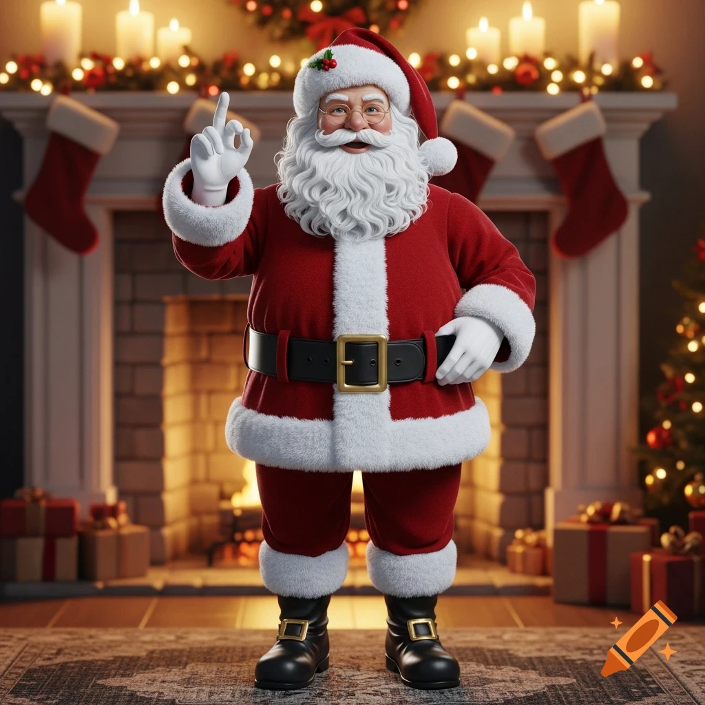 3D Santa Claus in a red suit stands in front of a fireplace with stockings, making an 'OK' gesture with one hand.