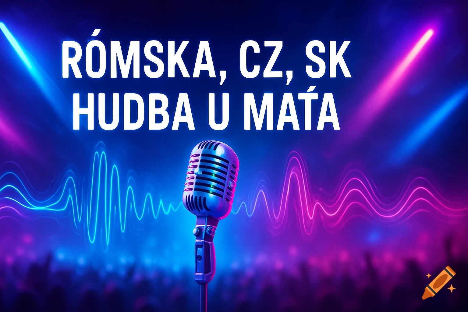 A vibrant, neon-lit concert stage with a prominent microphone, sound waves, and the text 'RÓMSKA, CZ, SK HUDBA U MAŤA'.