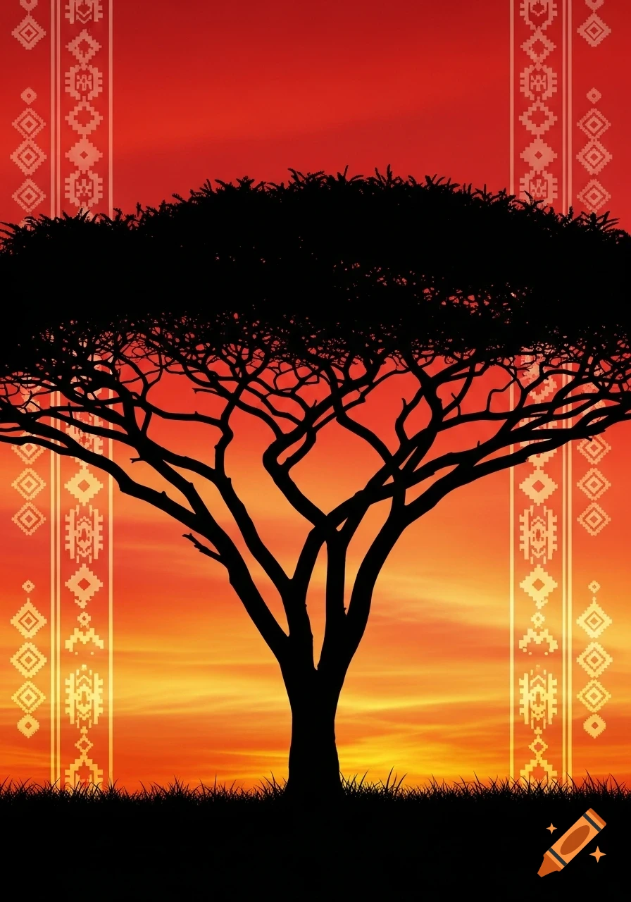 A black acacia tree silhouette against a red-orange sunset gradient, flanked by white geometric patterns.
