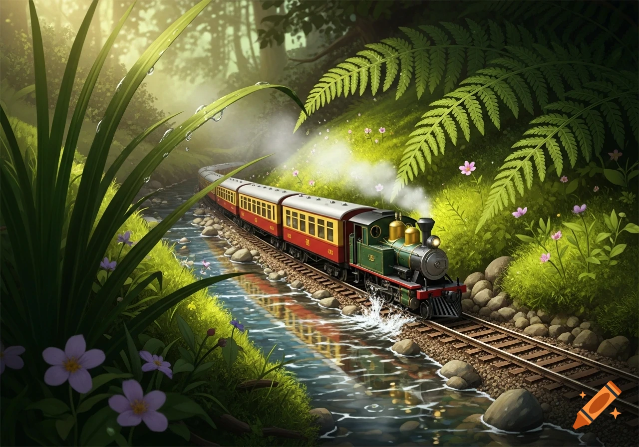 A miniature green and red steam train travels along a track beside a winding creek through a lush, verdant forest, with large dewy leaves in the foreground.